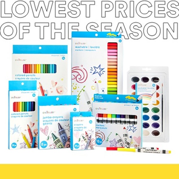 assorted kids art supplies in white packaging